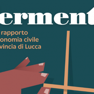 Copertina del libro "Primo rapporto sull'economia civile in provincia di Lucca". Il titolo che compare è Fermenti e l'immagine è quella di una mano che gioca con lo shangai