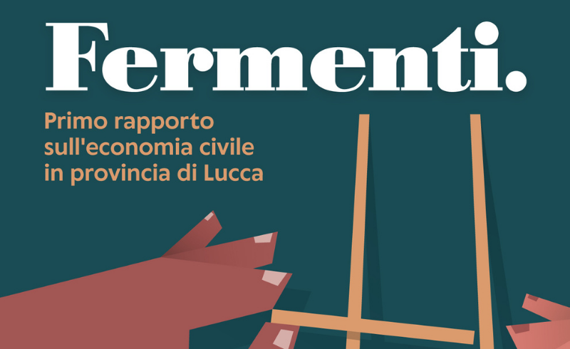 Copertina del libro "Primo rapporto sull'economia civile in provincia di Lucca". Il titolo che compare è Fermenti e l'immagine è quella di una mano che gioca con lo shangai